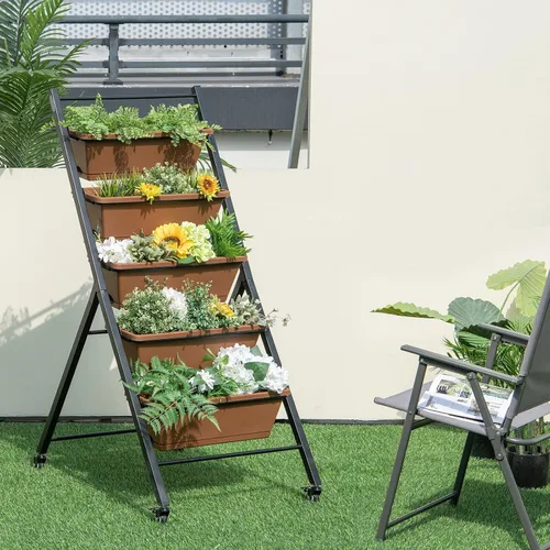 Vista 3 de Giantex Cama de jardín elevada vertical sobre ruedas, macetas elevadas de 5 niveles, camas de jardín con orificio de drenaje, 5 contenedores