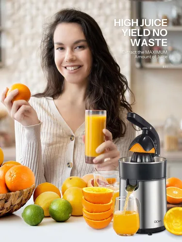 Vista 3 de Exprimidor eléctrico profesional de cítricos de acero inoxidable cepillado, 2 conos intercambiables para naranja, limón y pomelo, fácil de limpiar