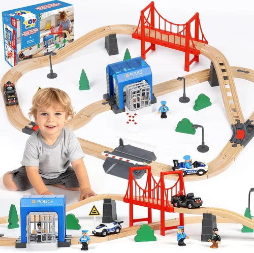 Vista 9 de TOY Life Juego de Tren de 81 Piezas con Grúa y Locomotora, Juguete de Tren de Madera, Vías de Tren de Madera para Niños Pequeños de 3, 4, 5 Años