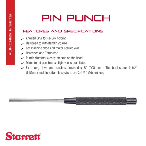 Vista 2 de Starrett Punzón de clavo extra largo con empuñadura moleteada para introducir o extraer pasadores de un material de trabajo - Acero endurecido