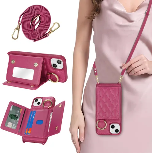 Vista 19 de Funda para iPhone 14 con tarjetero y correa para mujer, cordón cruzado, espejo de maquillaje, soporte de anillo, cierre a presión, bonitas fundas