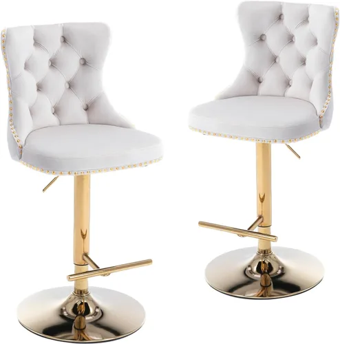 Vista 9 de LKTART Juego de 2 taburetes de bar giratorios con altura de asiento ajustable, taburetes de bar tapizados de terciopelo con base cromada