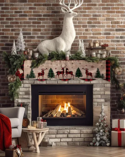 Vista 2 de Bufanda de manto de 70 x 17 pulgadas, diseño de ciervo y árbol de Navidad verde, para chimenea, mantel y mantel de chimenea, camino para Navidad