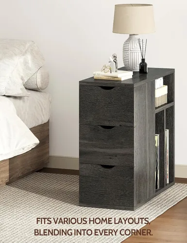 Vista 5 de Mesa auxiliar estrecha con 3 cajones, mesa auxiliar de madera con estantes de almacenamiento para sala de estar, mesa auxiliar delgada para sofá