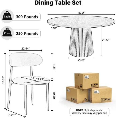 Vista 2 de Black Round Dining Table Set for 4, 47 In Kitchen Table with 4 Fabric Chair Farmhouse Circle Dinner Table with Heavy Duty Pedestal, Beige