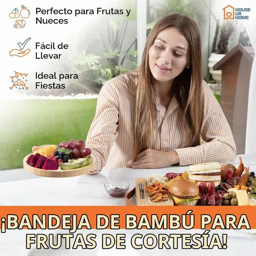 Vista 4 de Juego de tablas de charcutería de bambú con bandejas laterales magnéticas extraíbles, bandeja para frutas, asas, caja lista para cubiertos y regalos