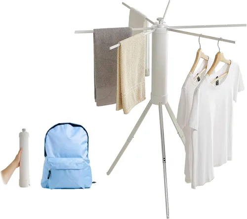 Vista 13 de JOOM Estante de secado de ropa de 4 patas, perchero portátil y plegable que ahorra espacio, estante de secado de ropa para ropa, 4 varillas, 16