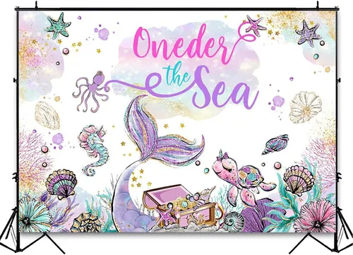 Vista 3 de Avezano Oneder The Sea - Telón de fondo con tema de sirena, decoración para fiesta de primer cumpleaños, fiesta de sirena bajo el mar, fondo