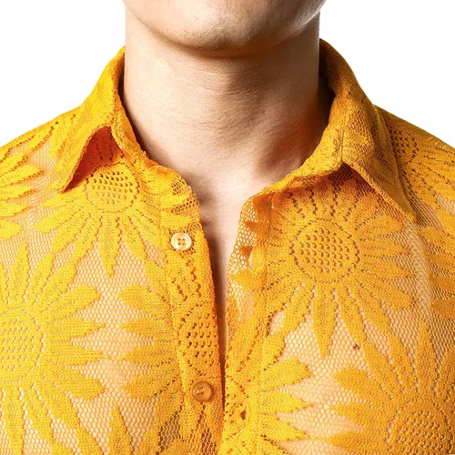 Vista 5 de JOGAL Camisa de encaje floral para hombre, camisas casuales con botones transparentes