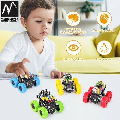 Vista 6 de M SANMERSEN Monster Truck Juguetes para edades de 2 a 4 años, autos de fricción para niños pequeños de 1 a 3 años, auto de acrobacias giratorio
