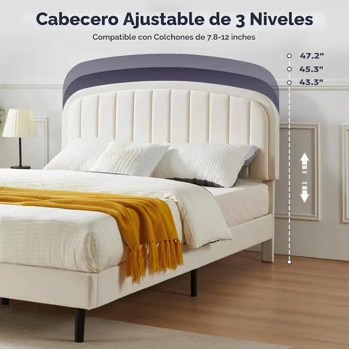 Vista 3 de Furnify Marco de cama individual, base de cama suave con esquinas redondeadas, base de cama tapizada de tela de terciopelo con cabecera redonda