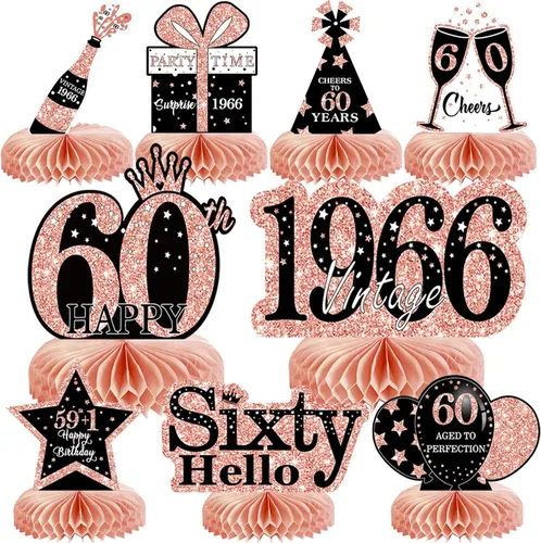 Vista 23 de 9 piezas de decoración de cumpleaños negro dorado 16 centros de mesa de panal para niños y niñas, centros de mesa de feliz cumpleaños 16 Oro negro 16