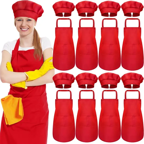 Vista 11 de SATINIOR Juego de 8 delantales de chef, sombrero de chef ajustable y delantal con bolsillos para adultos, mujeres y hombres cocineros