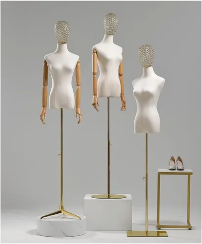Vista 4 de Maniquí de forma de vestido femenino ajustable con soporte de trípode, brazos y cabeza desmontables para costura, ropa y exhibición de joyas, dorado
