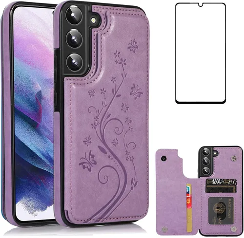 Vista 9 de Asuwish Glaxay S22 - Funda para Samsung Galaxy S22 5G con protector de pantalla de vidrio templado, soporte de cuero con tarjetero, doble cierre