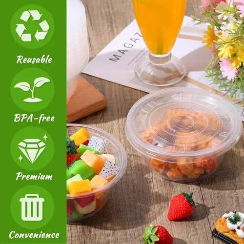 Vista 3 de Xinnun Paquete de 50 cuencos de plástico transparente con tapa, desechables, cuencos de plástico transparente de 16.9 onzas, recipiente para servir