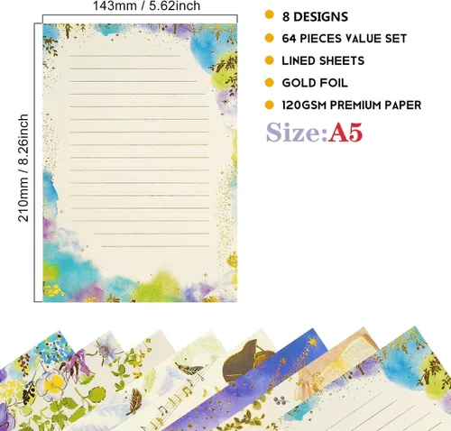 Vista 2 de Juego de 64 hojas de papel de carta estacionaria – A5 lindo estampado de papel de papel de escritorio forrado elegante para escribir letras, álbumes
