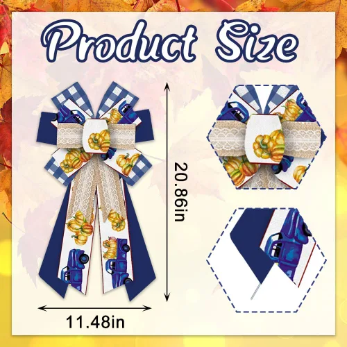 Vista 2 de ABTOLS Arcos grandes para corona de otoño, lazos de lana cuadriculada azul y blanco para corona, calabaza, camión, arpillera, para puerta delantera