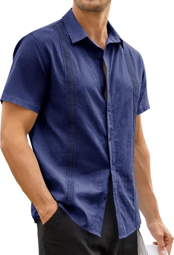 Vista 3 de Hestenve Guayabera - Camisas casuales de lino y algodón con botones de manga corta para hombre, camisa hawaiana cubana de verano, playa, trabajo