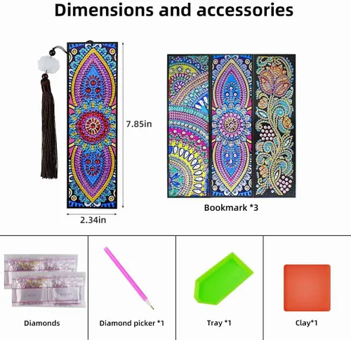 Vista 6 de Juego de 3 marcapáginas de arte de diamantes 5D para manualidades, manualidades, marcadores Dotz con borla para principiantes, niños, adultos