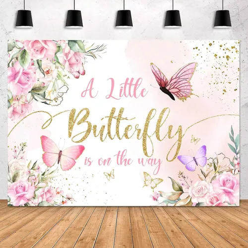 Vista 4 de Sensfun Telón de fondo de mariposa para baby shower con texto en inglés "A Little Butterfly is on the Way" (La pequeña mariposa está en camino)
