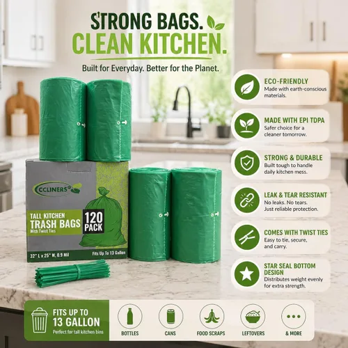 Vista 4 de Bolsas de basura biodegradables para cocina alta de 13 galones (120 bolsas), ecológicas, medianas, ecológicas, de 55 litros, aptas para vertederos