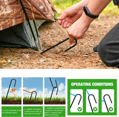 Vista 5 de ERYTLLY Estacas de Varilla Corrugada de 12 Pulgadas con Gancho en J, Estacas de Metal Galvanizado Resistente para Suelo, Barril, Carpa, Juego