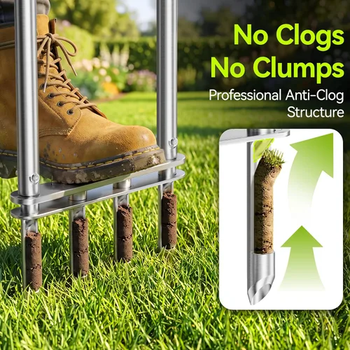 Vista 3 de Knee-Friendly Manual Lawn Aerator, Adjustable 43.3–48.5", Silver, Dual Step