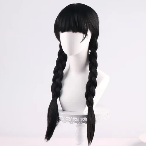 Vista 3 de COSPLAZA Wednesday - Pelucas largas de coletas trenzadas negras para mujer, peluca de disfraz de Halloween con flequillo plano
