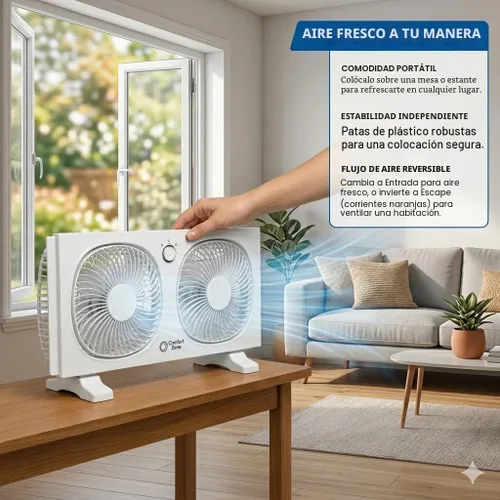 Vista 5 de Comfort Zone CZ329WT Ventilador de ventana doble de 9" con ventiladores giratorios de 180°, 2 velocidades, pantalla anti-insectos de plástico