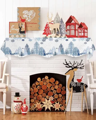 Vista 2 de Mantel con diseño de copo de nieve azul para chimenea de Navidad, bufanda para repisa, estola para estantes, renos, alces, nieve, bosque, cubierta