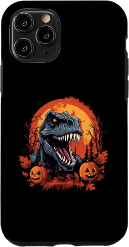 Vista 10 de Carcasa espeluznante de Halloween para iPhone 14, diseño de dinosaurio T Rex calabaza