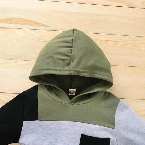 Vista 4 de itkidboy Conjunto de 2 piezas de ropa de bebé niño con capucha y sudadera con bloques de color + pantalones
