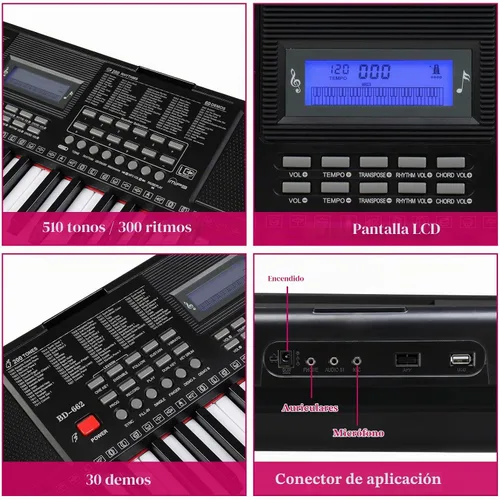 Vista 3 de GLARRY Teclado de piano electrónico portátil de 61 teclas para principiantes con teclas iluminadas, pantalla LCD, micrófono, auriculares, 3 modos
