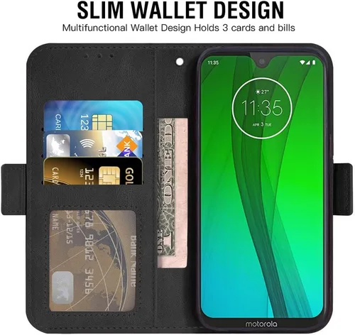 Vista 3 de Funda compatible con Moto G7/G7+/Revvlry Plus y protector de pantalla de vidrio templado, funda con tapa para tarjetero, soporte para teléfono Negro