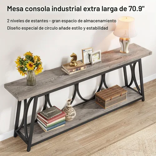 Vista 7 de Tribesigns Mesa consola extra larga de 70.9 pulgadas, mesa de sofá industrial detrás del sofá con estante de almacenamiento de 2 niveles, mesa
