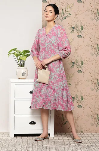 Vista 3 de Janasya Vestido occidental de Georgette rosa con estampado floral para mujer india