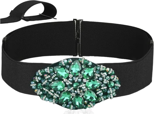 Vista 10 de Beaded Rhinestone Belt Wide Stretchy Belt for Women Dresses Negro
