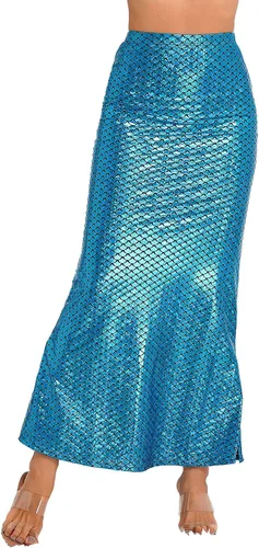 Vista 4 de YOOJOO Disfraz de cola de sirena para mujer, cintura alta, estampado de escamas de pescado, falda larga de lentejuelas, vestido de fiesta