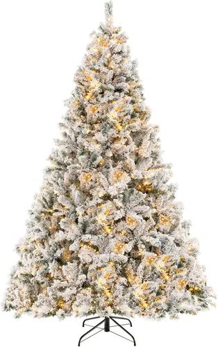 Vista 10 de Goplus - Árbol de Navidad artificial nevado de 4.5 pies, con nieve, flocado, con bisagras, preiluminado con 200 luces LED, 400 puntas de ramas