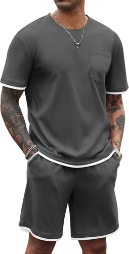 Vista 31 de COOFANDY Conjunto de camisa y pantalones cortos de gofre para hombre, conjunto de 2 piezas, conjunto casual de verano con bolsillos