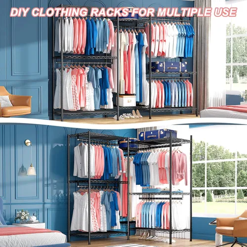 Vista 5 de Raybee Perchero de ropa para colgar ropa, capacidad de 900 libras, armario portátil resistente con 5 barras de suspensión y 8 estantes