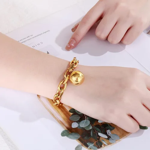 Vista 2 de Elefezar Pulsera de cadena gruesa de acero inoxidable con dijes de bola para mujer, accesorios de joyería
