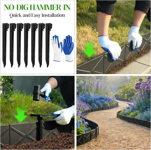 Vista 8 de Hlogree Paquete de 6 bordes metálicos para paisajes, bordes de jardín, borde de jardín con 6 estacas de anclaje, borde de metal resistente sin