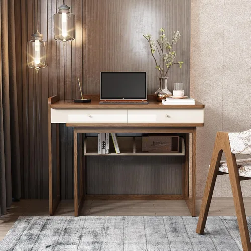 Vista 8 de Lartis Escritorio extensible de madera maciza de 70 pulgadas, mesa de estudio de almacenamiento con unidad lateral, banco de trabajo multifuncional