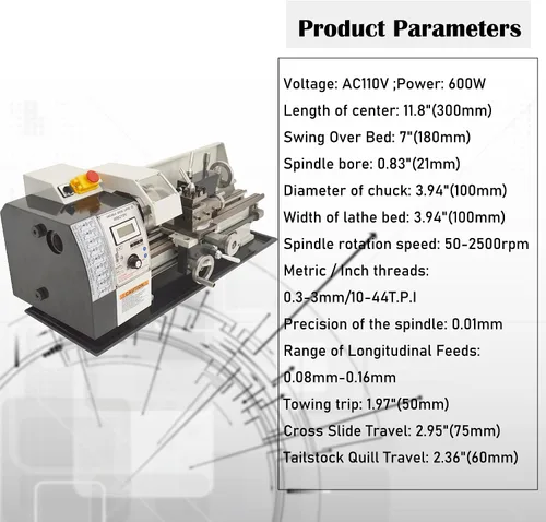 Vista 5 de 7 "* 12" torno de metal de sobremesa, torno de metal de precisión de hilos métricos/pulgadas, mini torno 600W motor sin escobillas