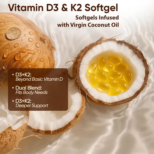 Vista 5 de Naturals D3 K2, Vitamina D3 10000 UI + K2 200 MCG, Vitamina D3 y K2 Cápsulas blandas de aceite de coco para hueso, salud inmunológica, aumenta