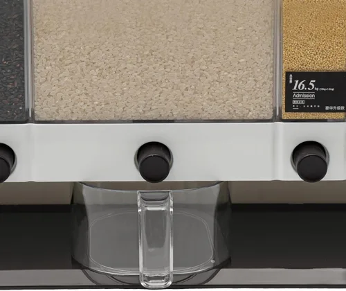 Vista 6 de Dispensador de cereales Dispensador de arroz dispensador de granos secos, dispensador de granos mixtos de 5 compartimentos, deflector de doble capa