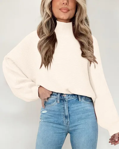 Vista 5 de KIRUNDO Suéter de punto de cuello alto corto para mujer, manga murciélago, suéter Y2K casual suelto