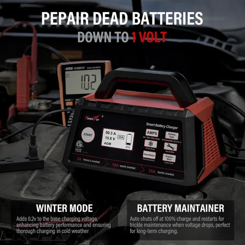 Vista 4 de TowerTop Cargador de batería inteligente de coche de 2/10/25 amperios de 12 V, mantenedor de batería completamente automático con arranque